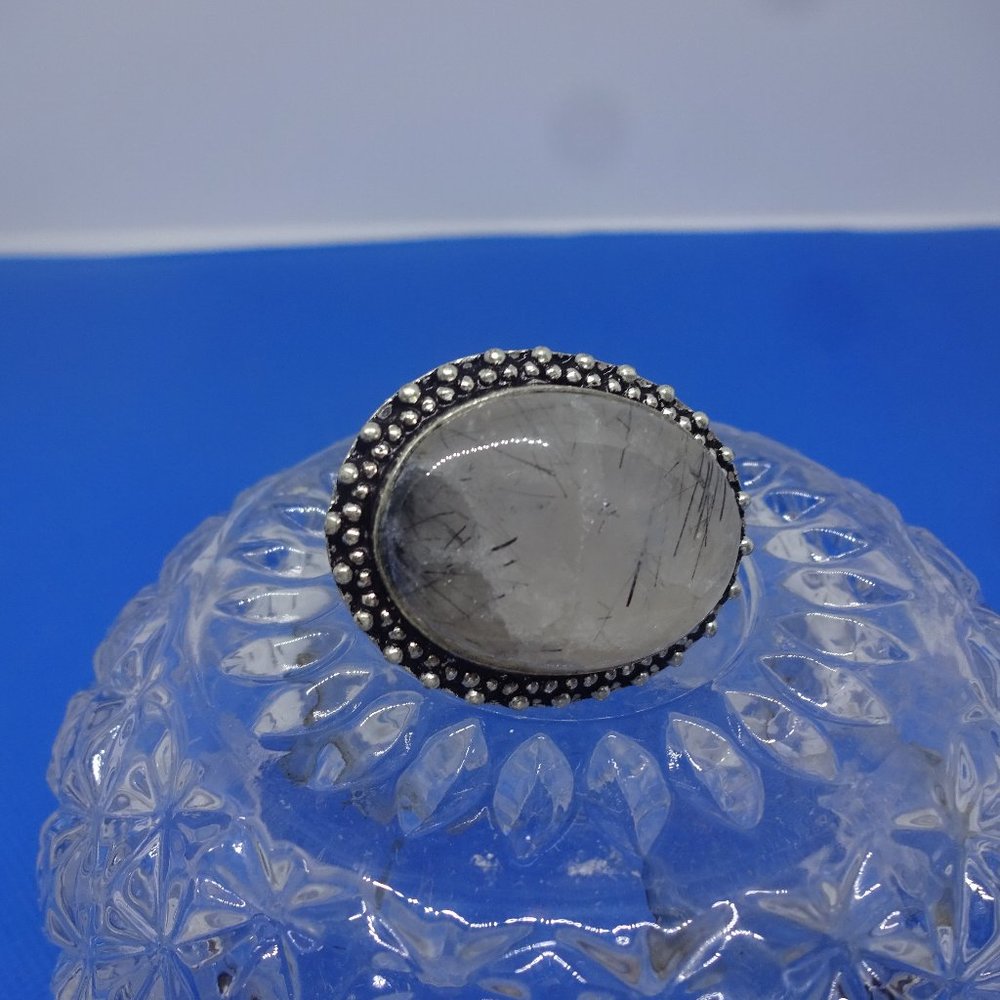 Stunning "BLACK RUTILE & STERLING" Handmade Ring Size 8.5  #47